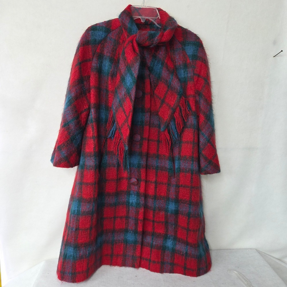 Vintage Lilli Ann Paris Red Plaid‎ Wool Mohair Coat 50s 60s French Evermore Vibe
